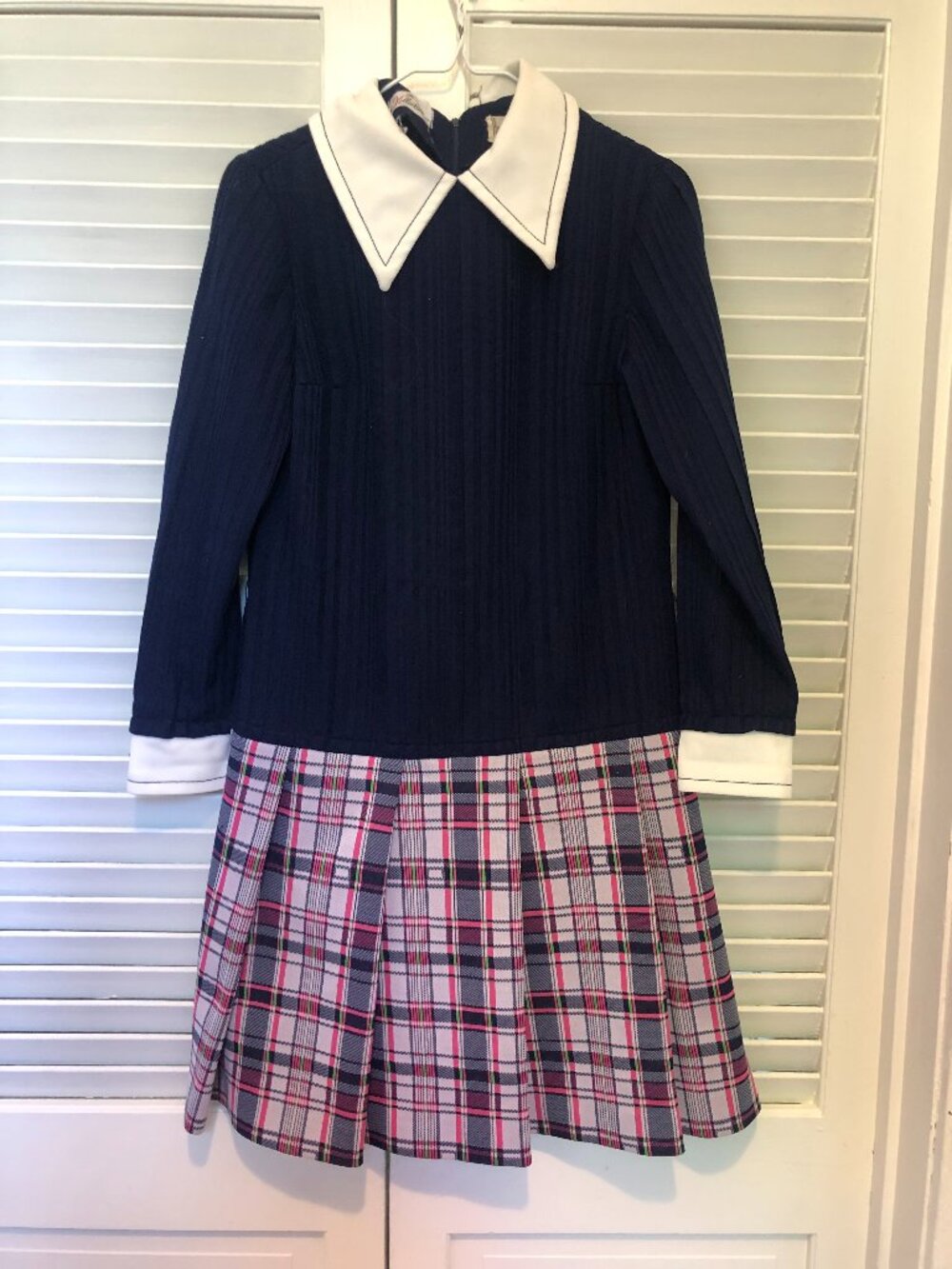VTG 1970s navy blue ribbed knit bodice Harzfeld's Kansas City plaid